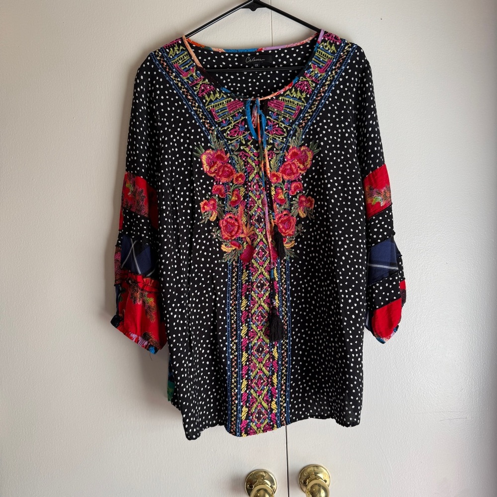 Embroidered Floral Black Polka-Dot Tie-Front Tunic